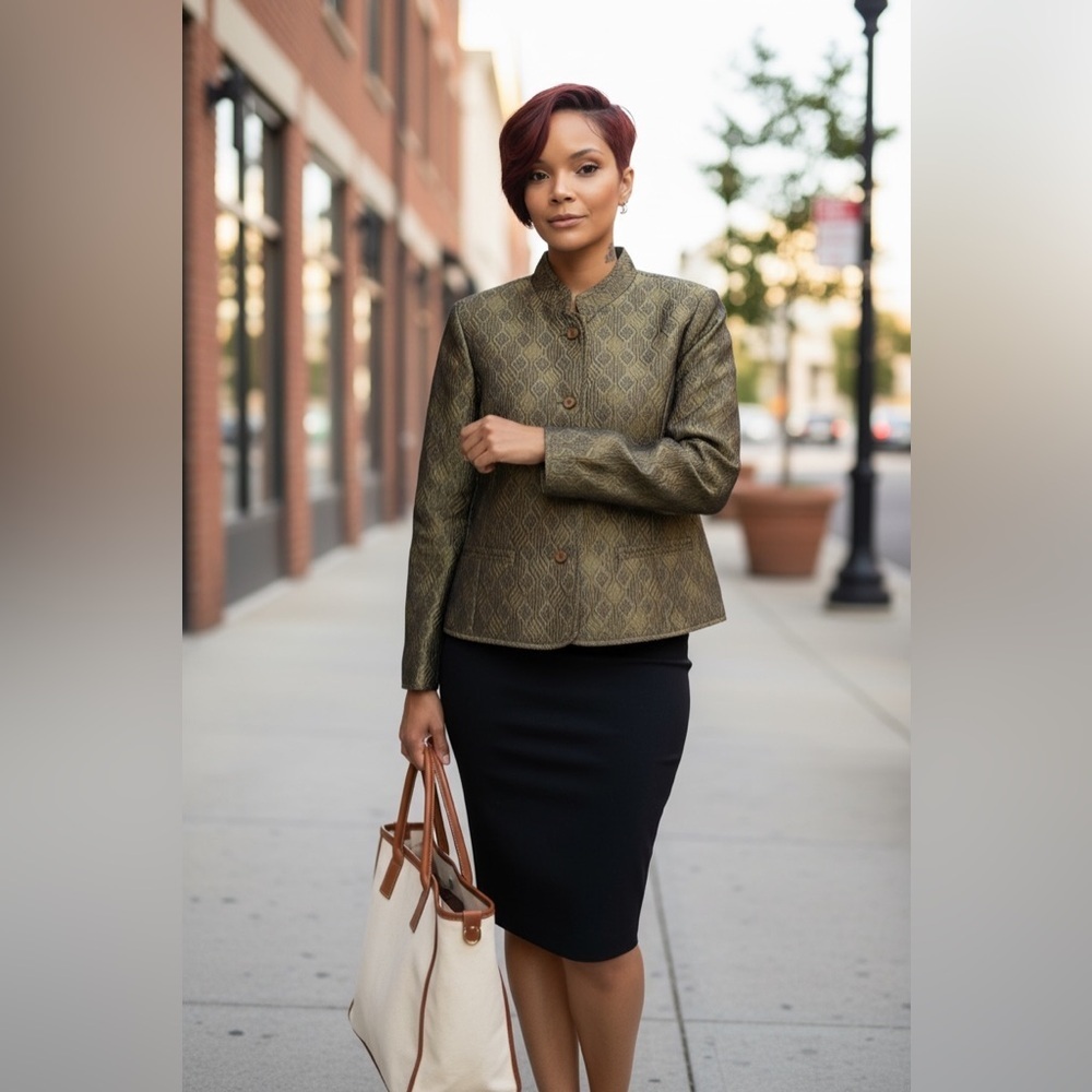 Ellen Tracy Gold/Bronze Quilted Blazer with Stand-Up Collar☑️